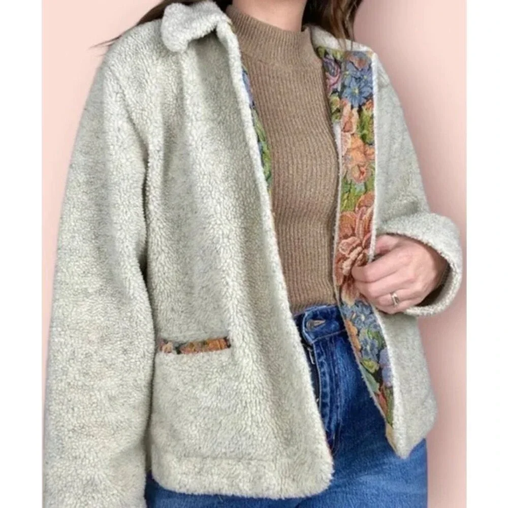 Orvis Vintage Faux Sherpa Floral Tapestry Teddy Jacket Cream Tan Women M‎